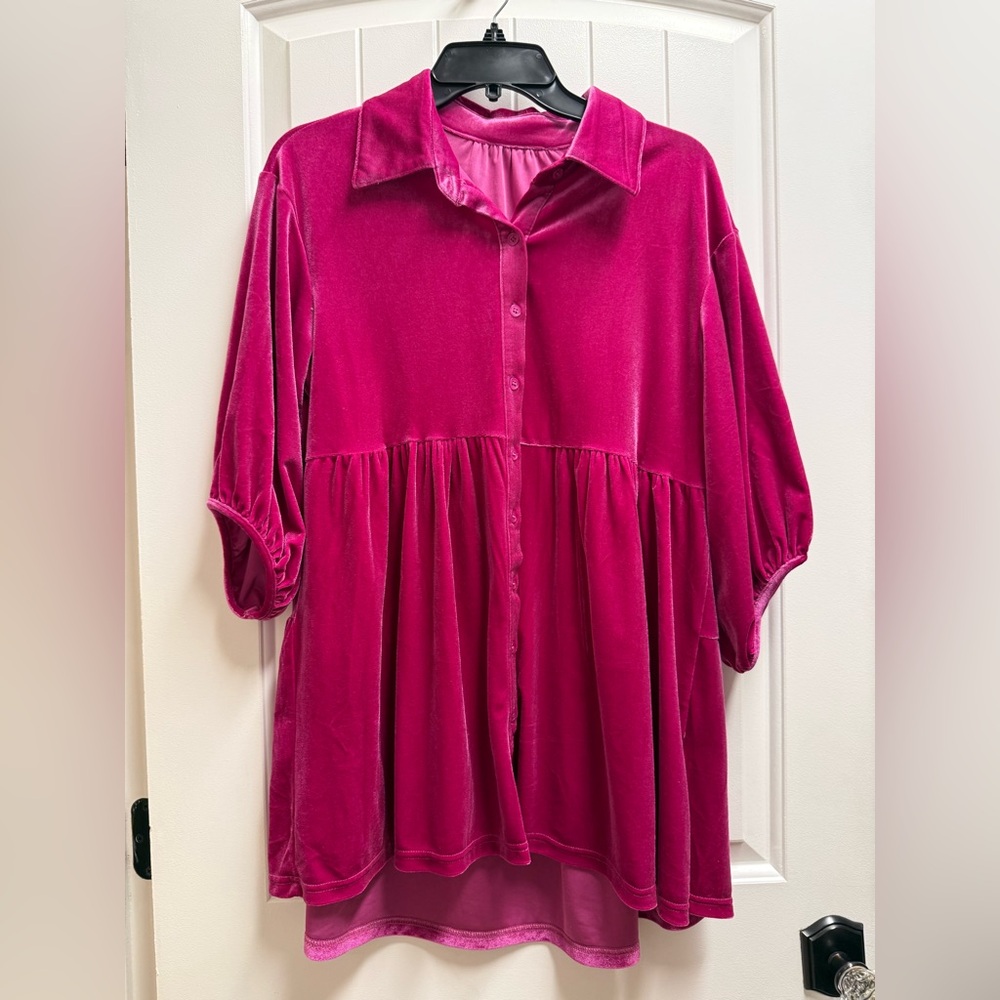 Magenta Velvet Button-Up Babydoll Tunic Top Size Small Crushed Velvet NWOT
